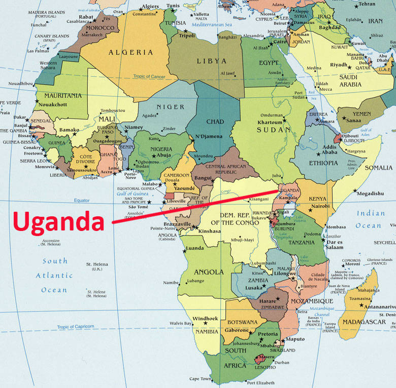 Map of Africa showing the location of Uganda.